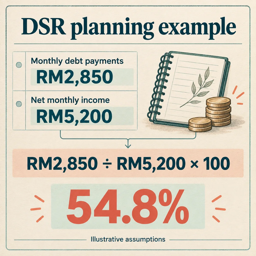 DSR example: monthly debt payments of RM2,850 divided by net monthly income of RM5,200, multiplied by 100, gives 54.8%.